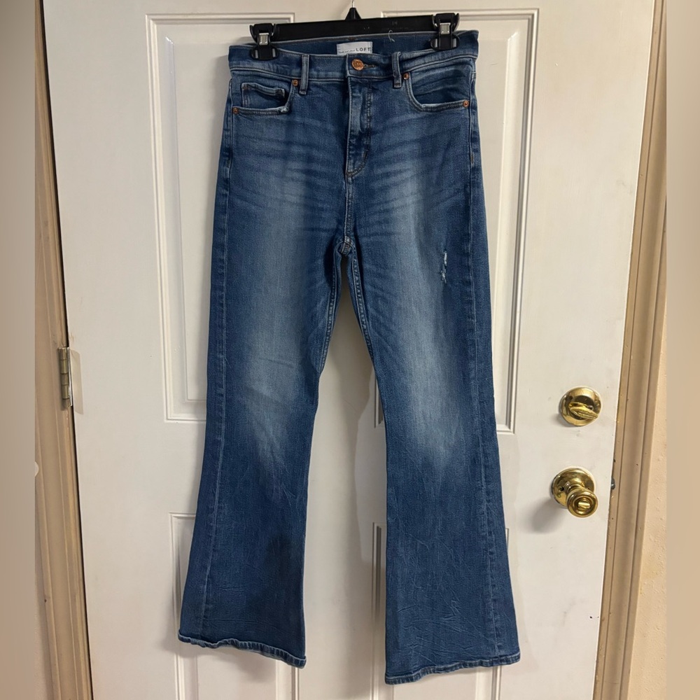 27/4 Loft Vintage Dark Indigo Wash High Rise Slim Flare distressed/ripped Jeans.